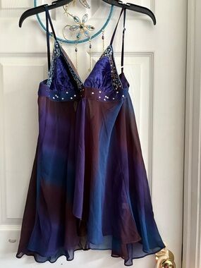 Pinky Purple & Blue Sheer Spaghetti-Strap Babydoll Top